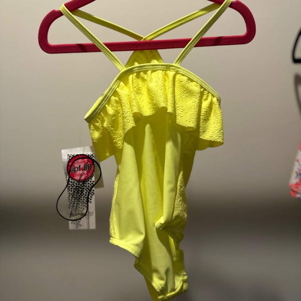 Girls Neon Yellow Ruffle One-Piece Swimsuit